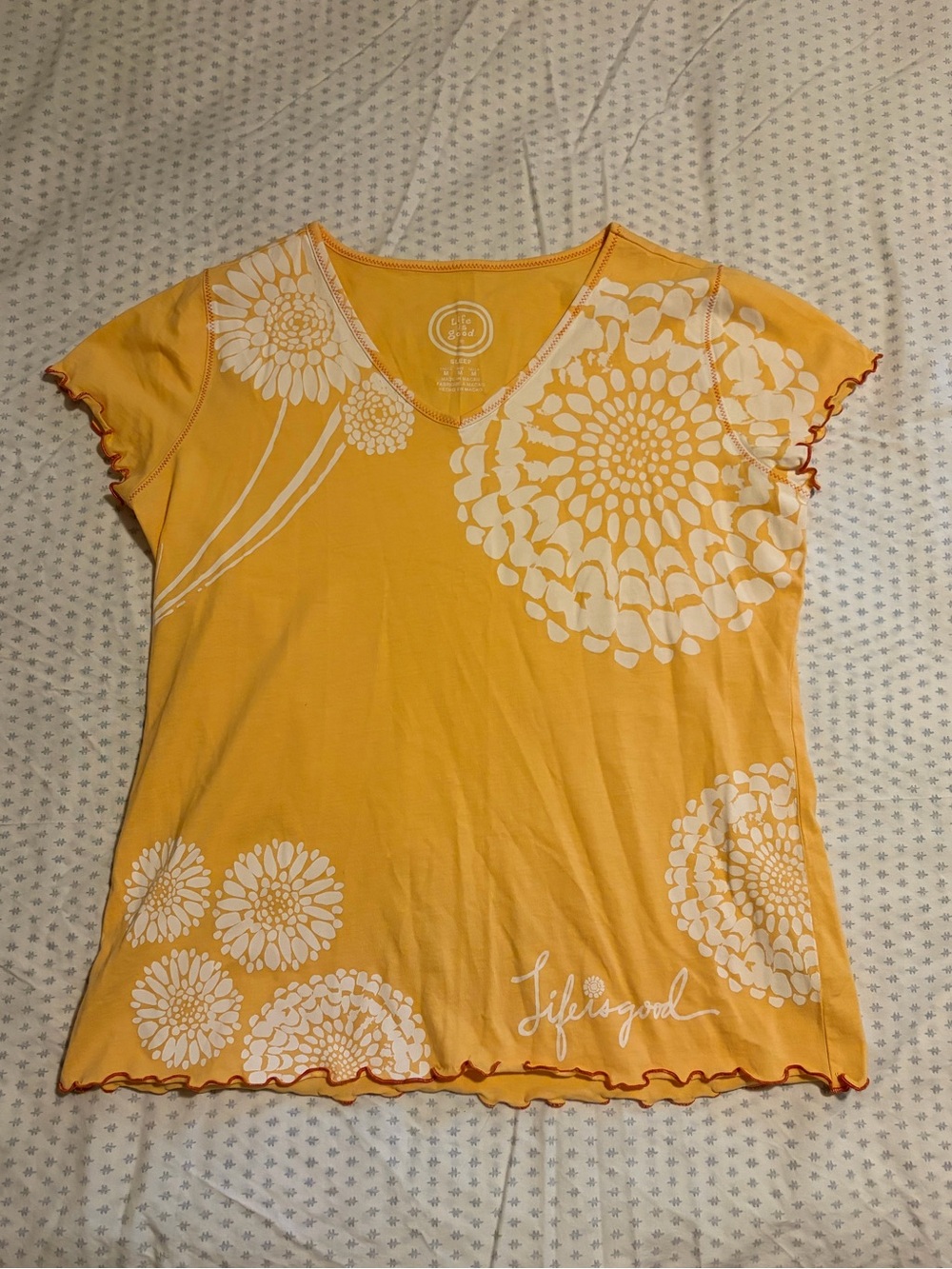 Life Is Good Yellow V-Neck Daisy Print Tee